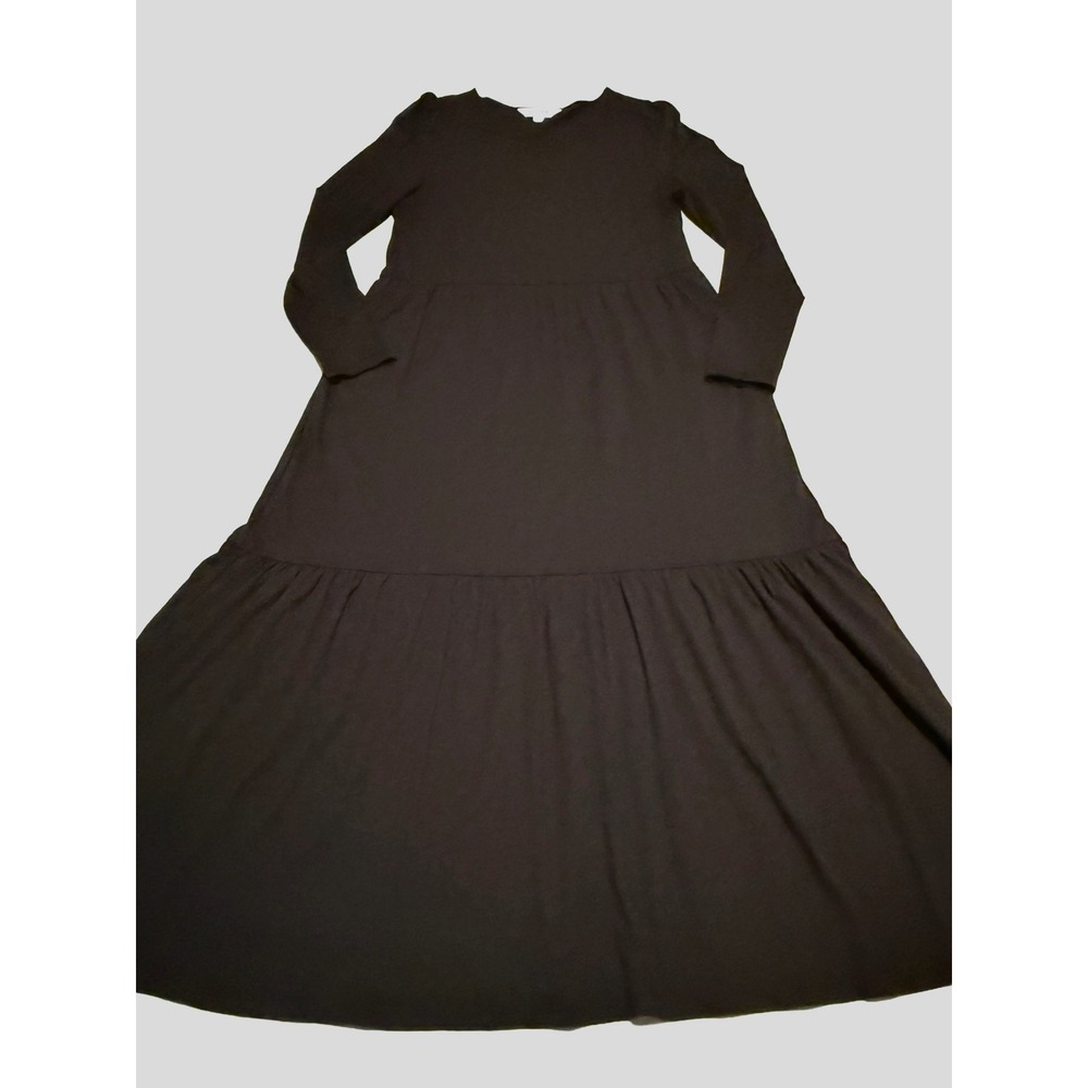 Boden Black Cotton Tencel Modal Tiered Long Sleeve Midi Dress US 8R UK 12R